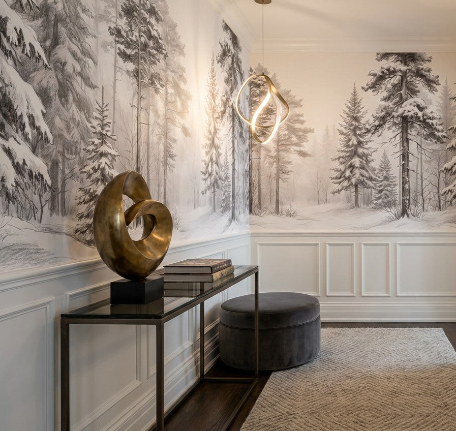 White Winter Pine Forest Wallpaper Mural interior setting