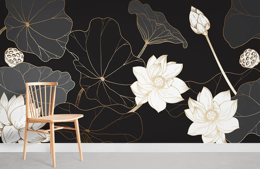 Elegant Black Gold Floral Wallpaper Mural