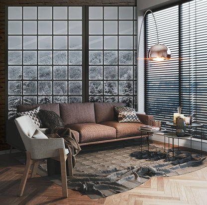 Wallpaper mural with a snowy forest window for use in decorating the living room.