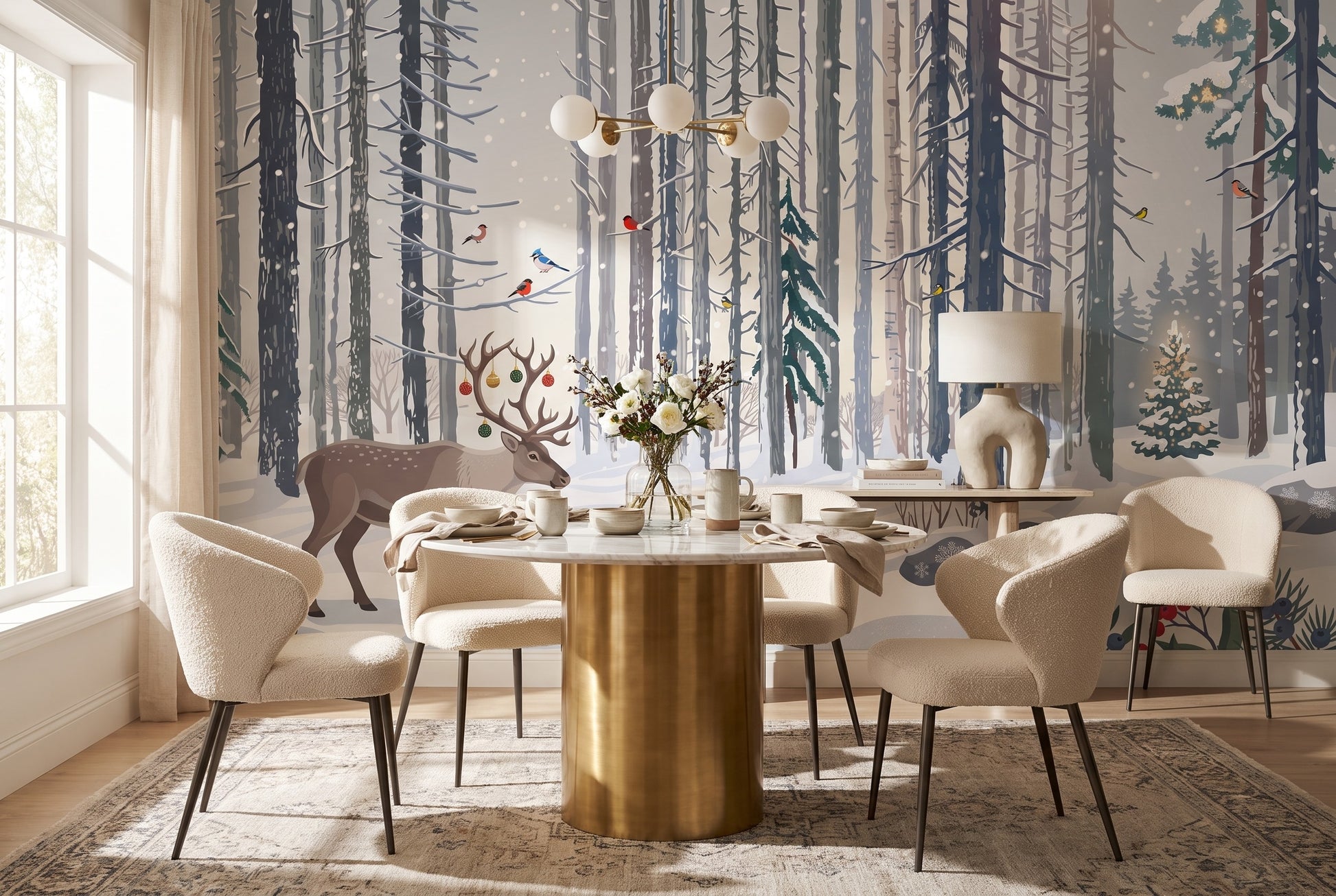 Red Christmas Winter Forest Wallpaper Mural