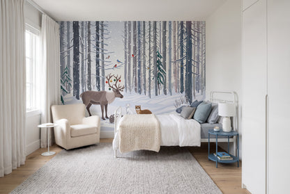 Red Christmas Winter Forest Wallpaper Mural
