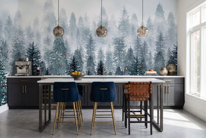 Teal Peaceful Winter Forest Wallpaper Mural