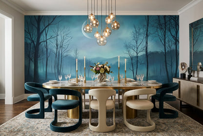 Misty Blue Crescent Moon Forest Wallpaper Mural interior scene