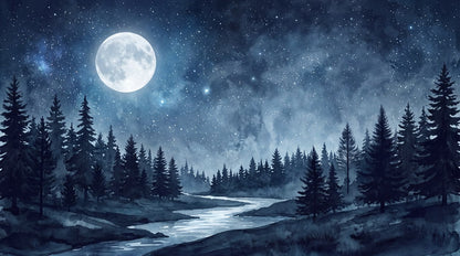 Moonlit Snowy Pine Forest Wallpaper Mural pattern artwork
