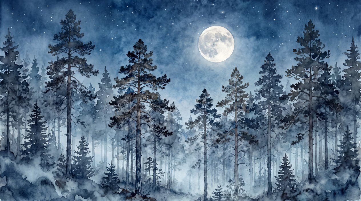 Blue Watercolor Moonlit Pine Forest Wallpaper Mural pattern artwork