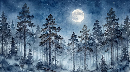 Blue Watercolor Moonlit Pine Forest Wallpaper Mural pattern artwork