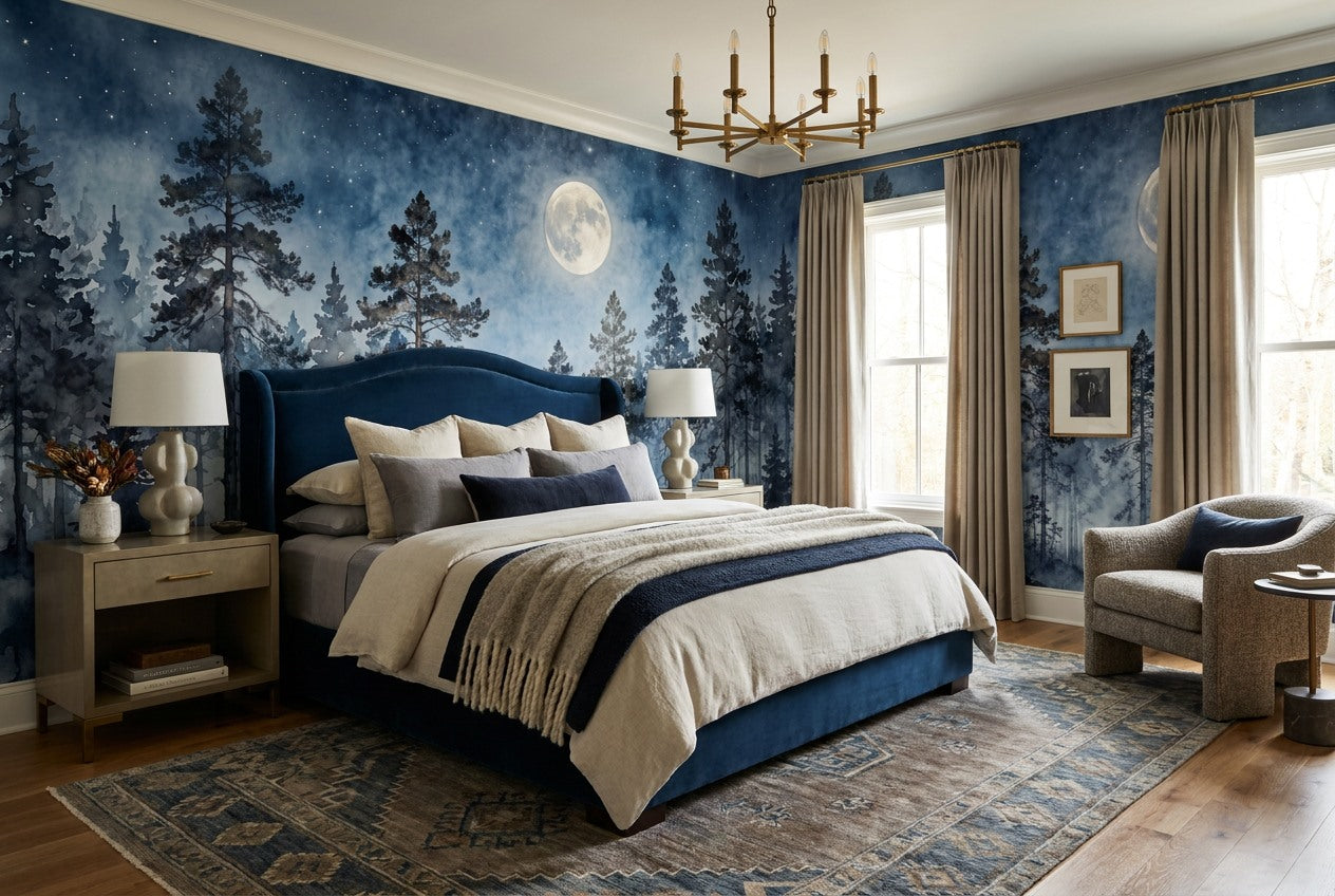 Blue Watercolor Moonlit Pine Forest Wallpaper Mural interior scene