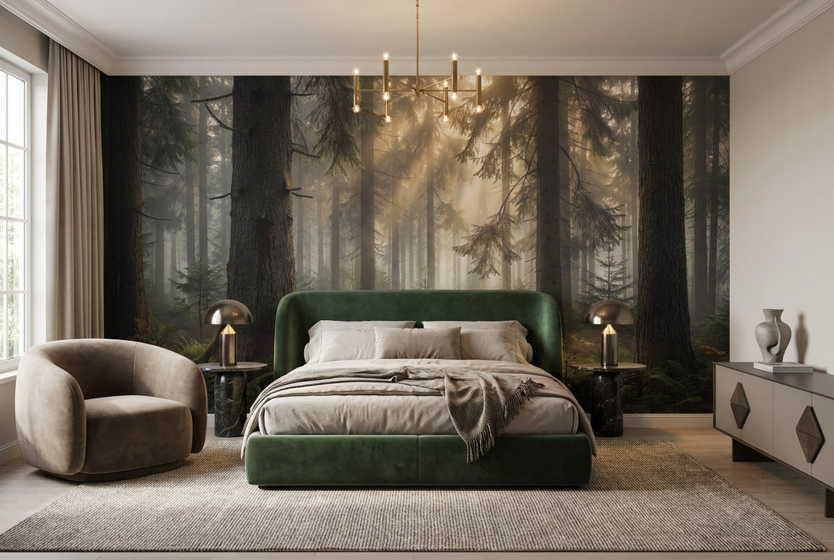 Sunlit Woodland Pine Forest Wallpaper Mural interior scene