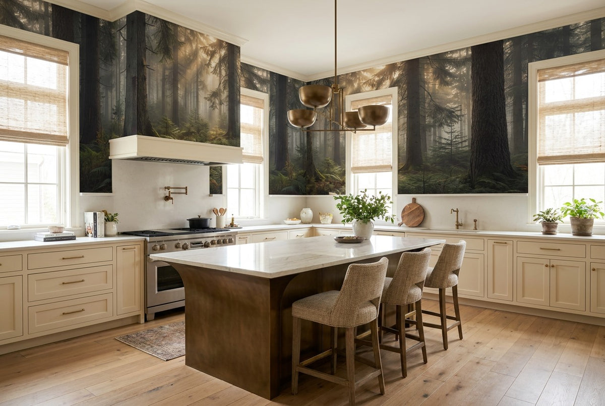 Sunlit Woodland Pine Forest Wallpaper Mural interior scene