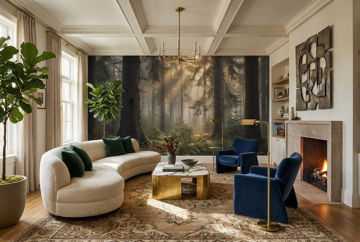Sunlit Woodland Pine Forest Wallpaper Mural interior scene