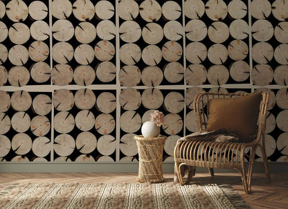 Wallpaper mural in the room with a wooden pile storage.