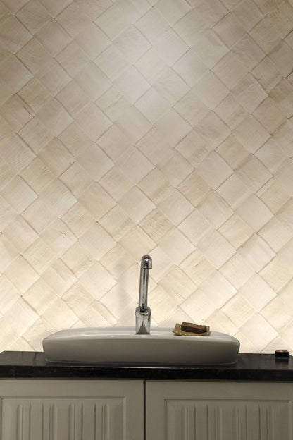 Bathroom Wallpaper in a Flax Mat Pattern with a Mural