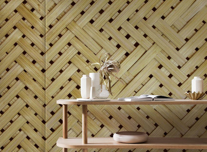 Wallpaper with a pastel wood pattern and a mural in the study room