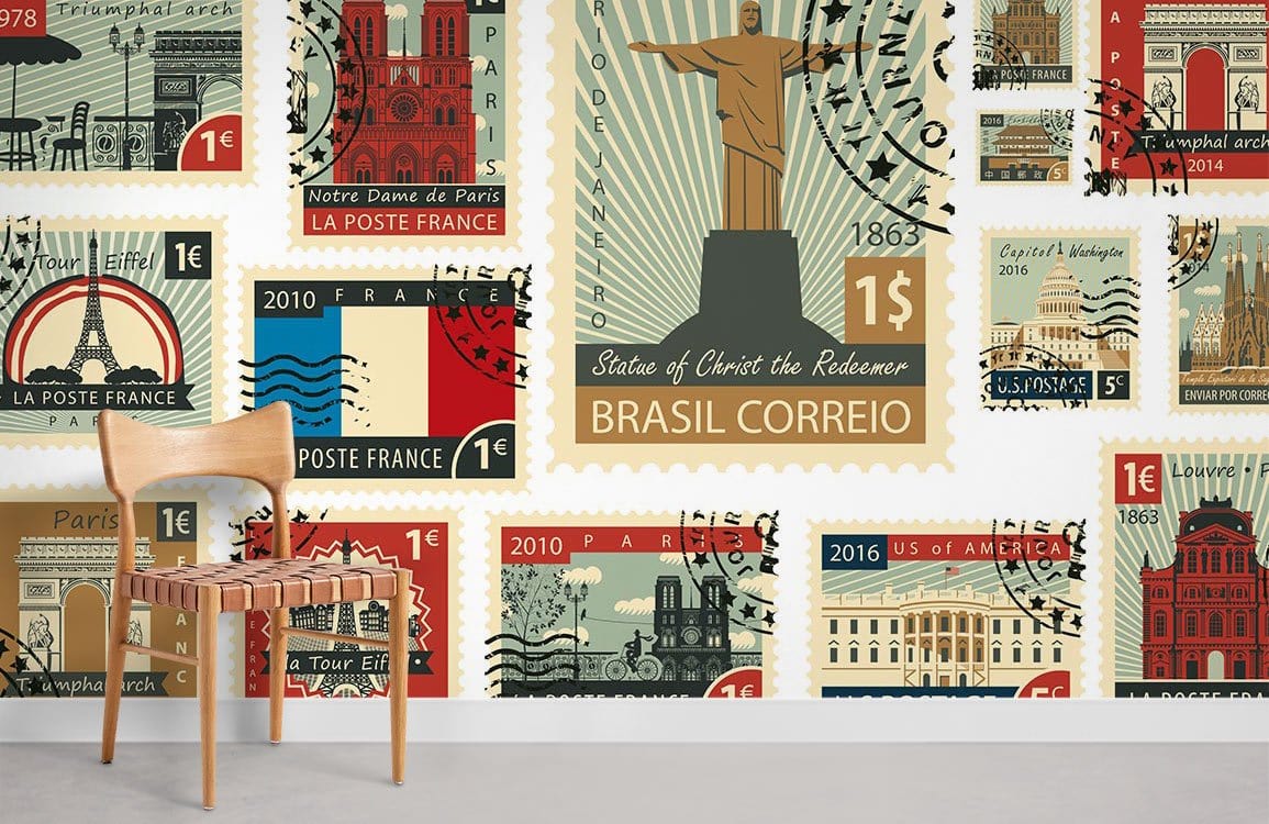 Vintage Travel Stamp Feature Mural Wallpaper