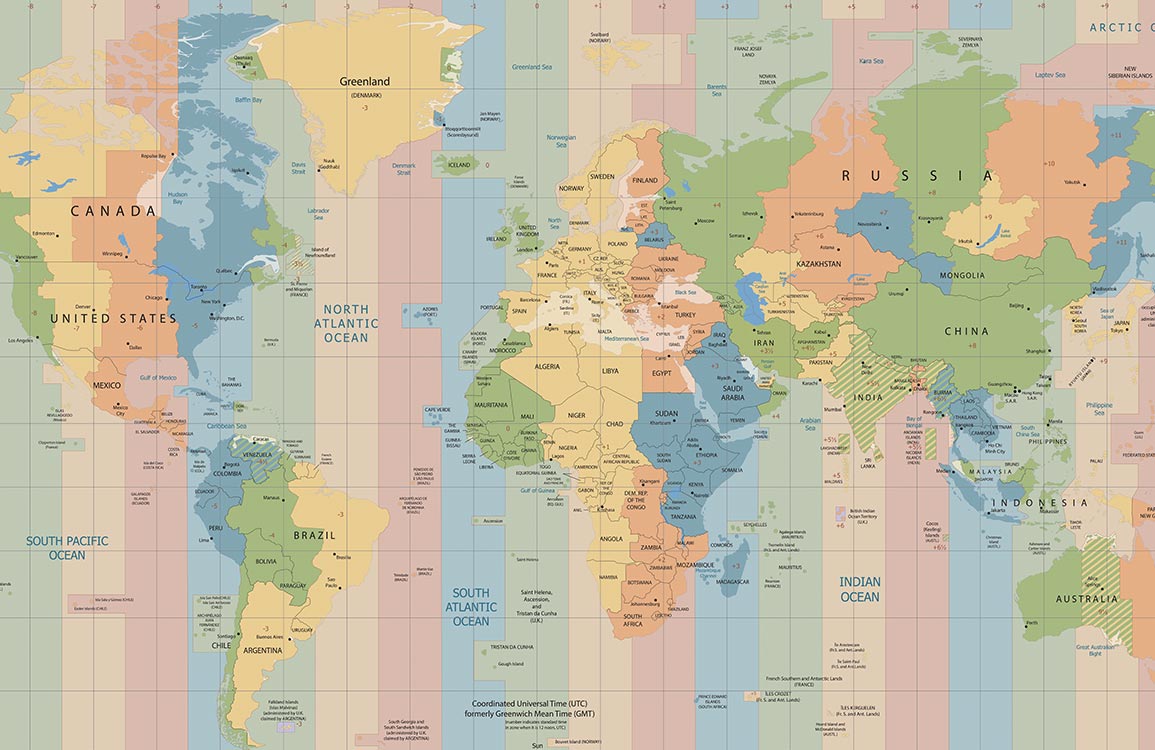 Carte murale de fuseaux horaires moderne et colorée