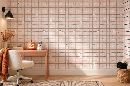 Tiny Ghosts in Pink Plaid Grid Halloween Wallpaper Mural - image 3