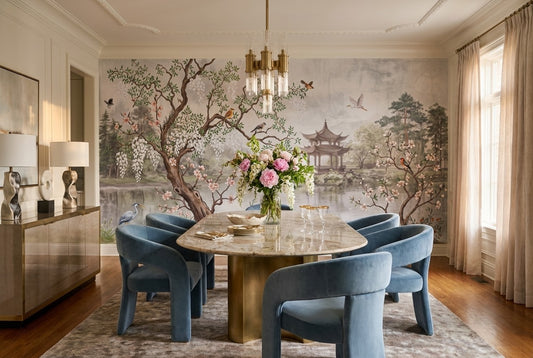 Pastel Chinoiserie Garden Lake Wallpaper Mural dining room scene