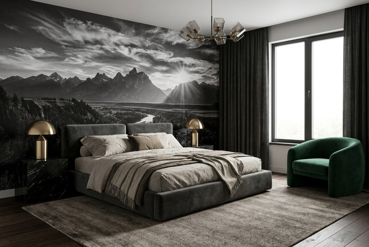 Monochrome Mountain River Landscape Wallpaper Mural room scene