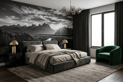 Monochrome Mountain River Landscape Wallpaper Mural room scene