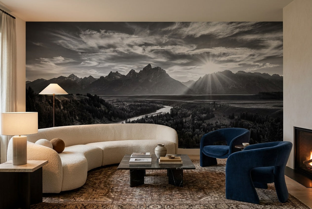 Monochrome Mountain River Landscape Wallpaper Mural room scene