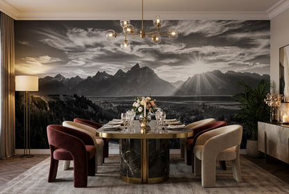Monochrome Mountain River Landscape Wallpaper Mural dining room scene