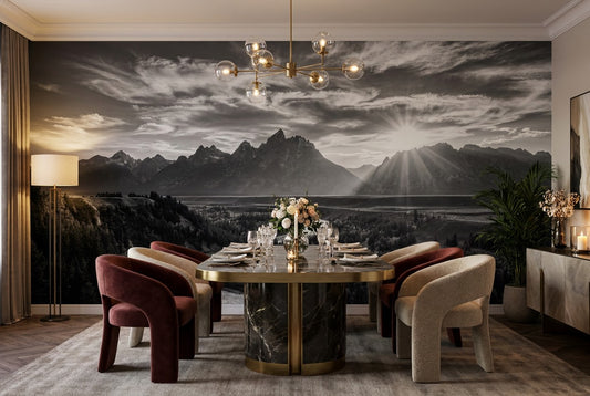Monochrome Mountain River Landscape Wallpaper Mural dining room scene