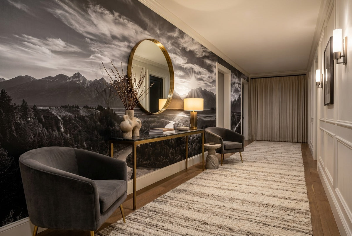 Monochrome Mountain River Landscape Wallpaper Mural room scene