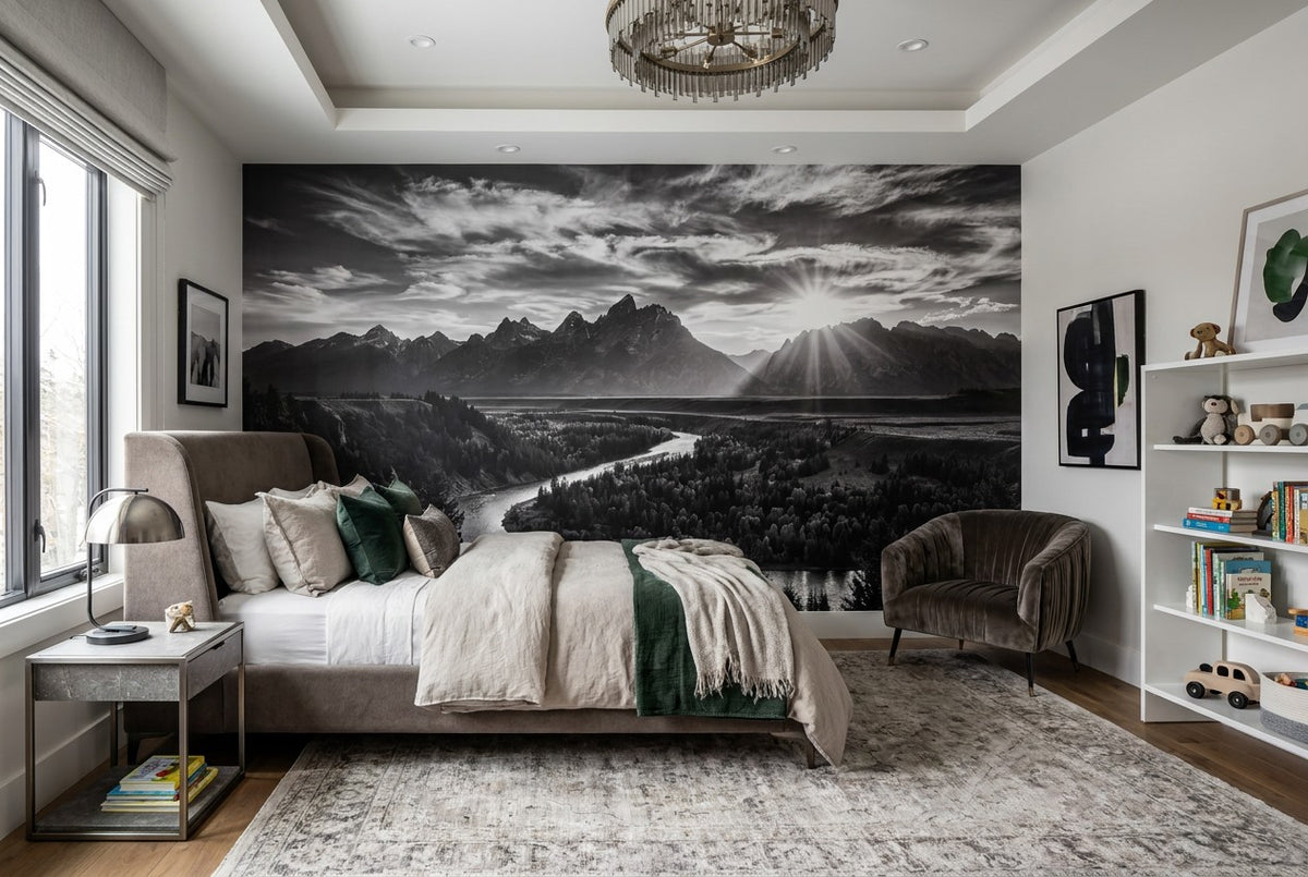 Monochrome Mountain River Landscape Wallpaper Mural room scene