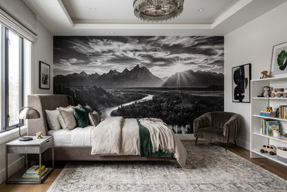 Monochrome Mountain River Landscape Wallpaper Mural room scene