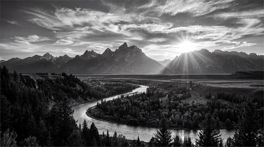 Monochrome Mountain River Landscape Wallpaper Mural pattern artwork