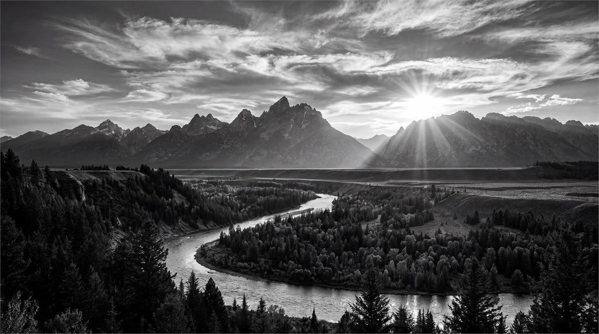 Monochrome Mountain River Landscape Wallpaper Mural pattern artwork