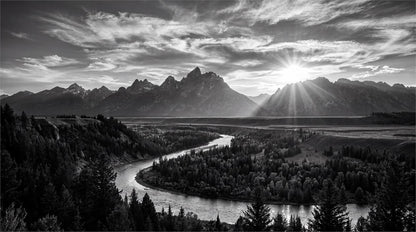 Monochrome Mountain River Landscape Wallpaper Mural pattern artwork
