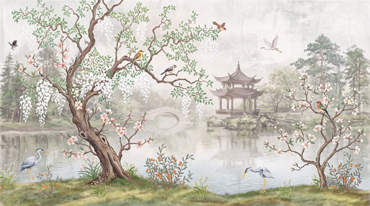 Pastel Chinoiserie Garden Lake Wallpaper Mural pattern artwork