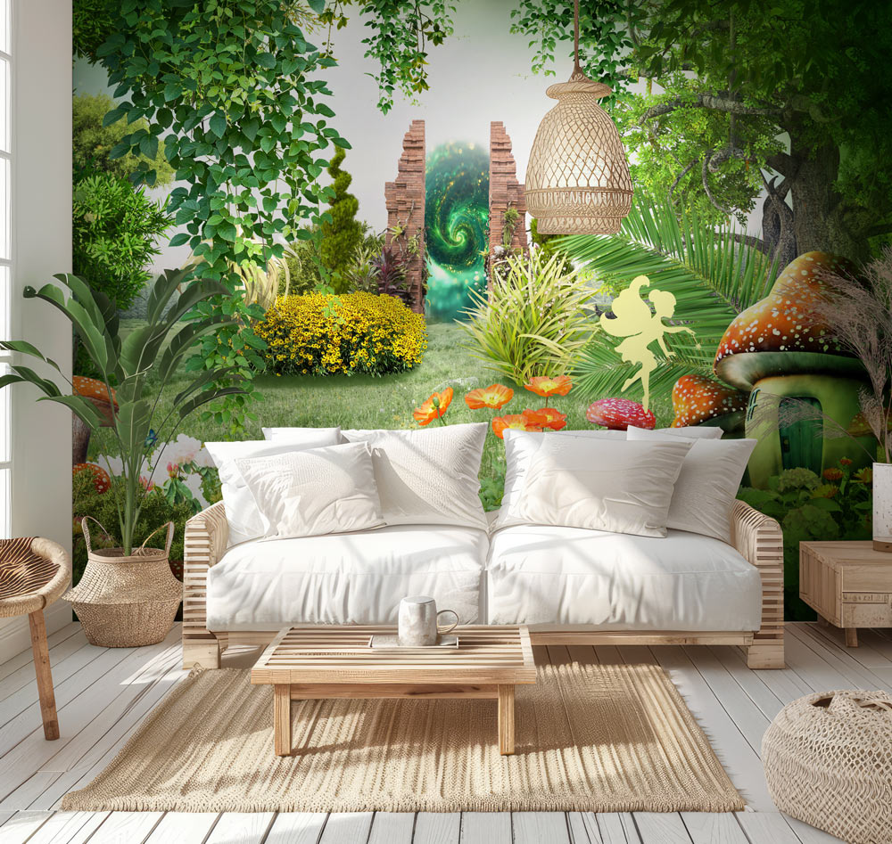 Enchanted Fairy Meadow Mural Wallpaper in living room