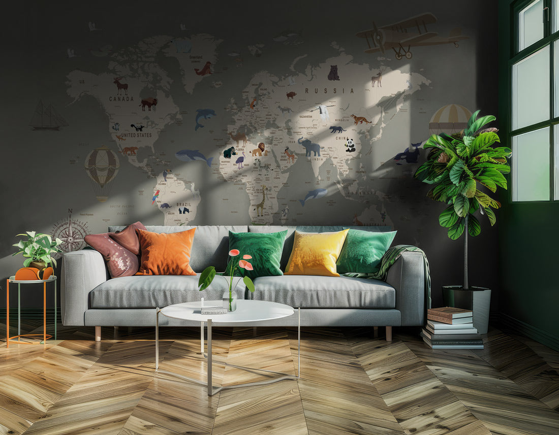 Vintage World Map Kids Wallpaper in living room