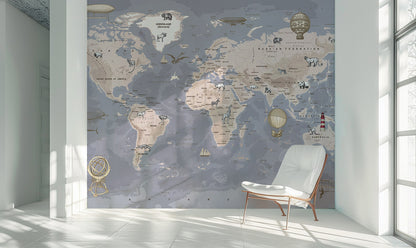 Vintage World Map Animals Wallpaper in living room