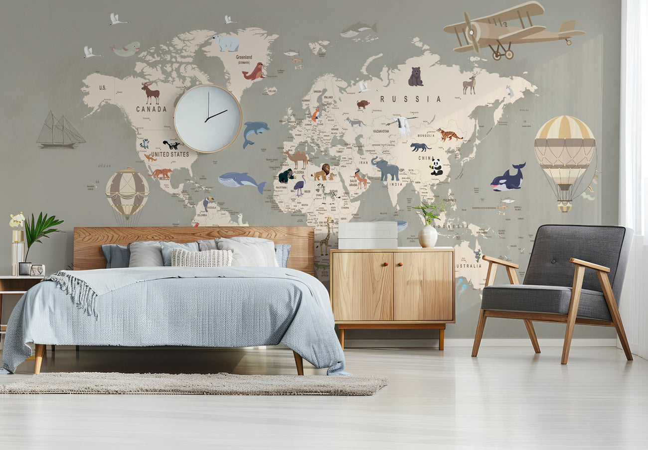 Vintage World Map Kids Wallpaper in bedroom