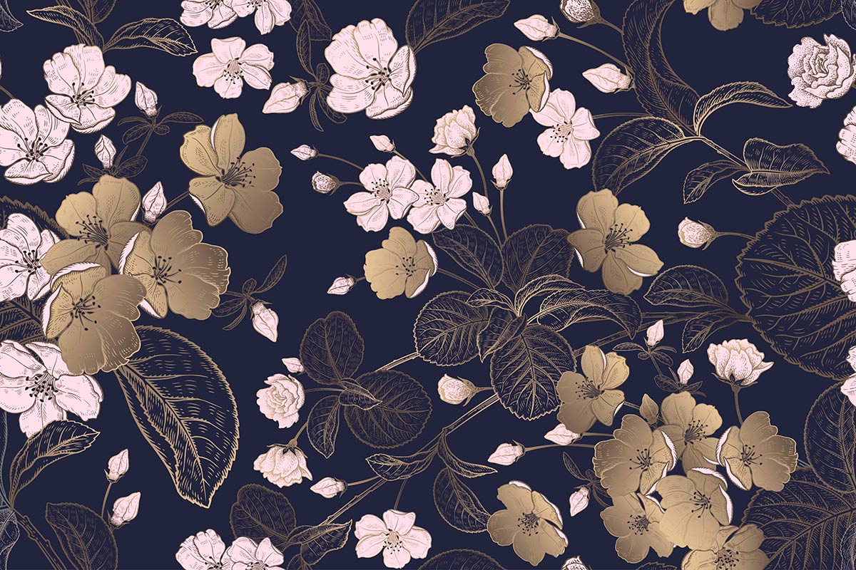 Elegant Navy Gold Floral Mural Wallpaper