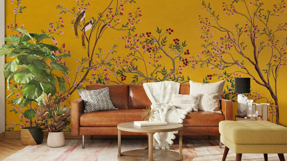 wallpaper with trees and birds in a golden hue for the living room