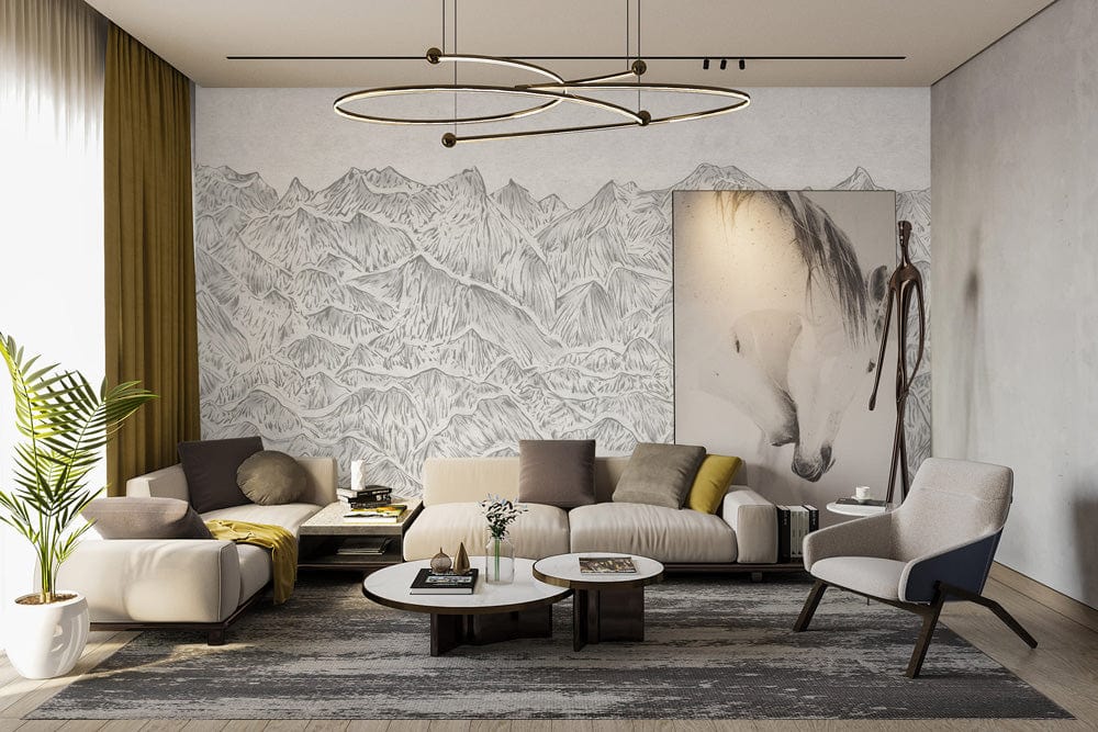 wall murals depicting a white drawing of the rocky mountains