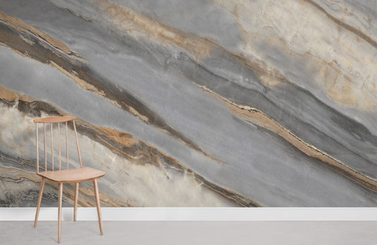 Wallcovering in the room is a grey and white marble pattern.