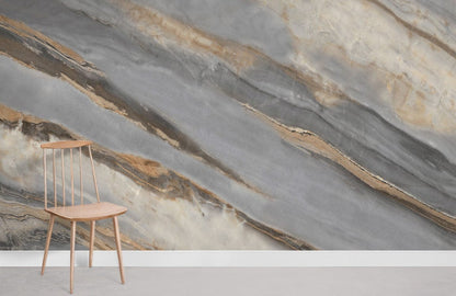 Wallcovering in the room is a grey and white marble pattern.