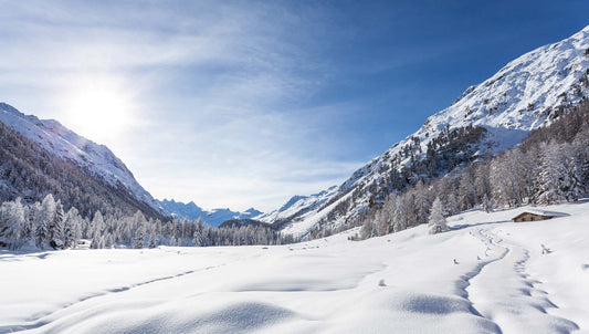 Wallpaper mural featuring a mountain scene after it has snowed, for use in home decoration