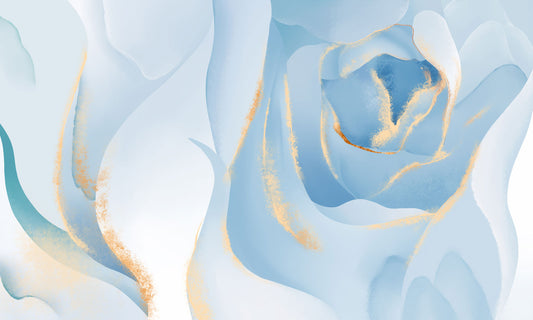 Gold-Brushed Blue Floral Mural Wallpaper