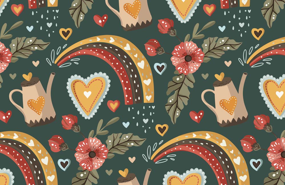 Whimsical Botanical Heart Rainbows Mural Wallpaper