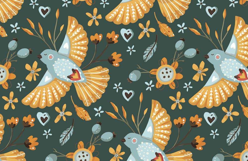 Whimsical Bird Floral Nature Mural Wallpaper