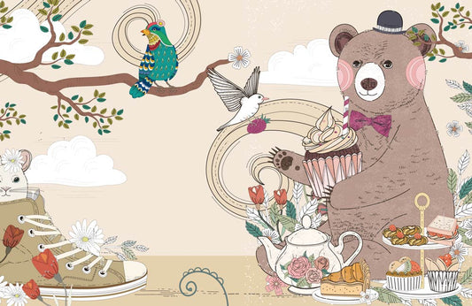 Bear-themed wallpaper mural, perfect for a little girl's room.