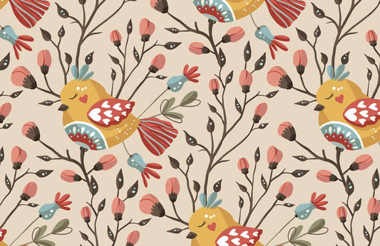 Wallpaper mural for home decoration featuring snoozing birds and flowering vines.