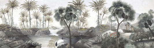wallpaper mural depicting a riverside woodland for use in interior decoration