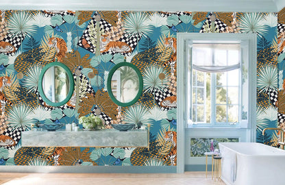 Bathroom Wall Decoration Featuring a Blue Abstract Tiger Jungle Mural Wallpaper.